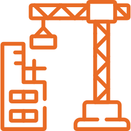 Orange construction crane icon lifting block beside building, tower crane symbol for construction site and building industry.