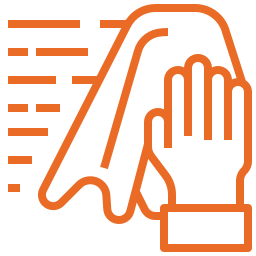 Hand wiping surface with cloth icon for cleaning and sanitizing; housekeeping and disinfecting services.