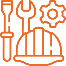 Construction and maintenance icon with hard hat, wrench, screwdriver, and gear for repair or engineering services.