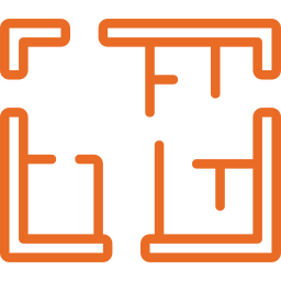Orange floor plan icon showing apartment layout blueprint lines for architecture, home design, real estate.