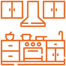 Modern kitchen icon with stove, oven, range hood, cabinets and sink for cooking or interior design.
