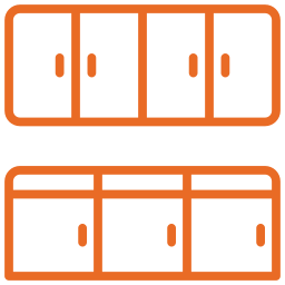 Orange line icon of kitchen cabinets with upper and lower cupboards and doors