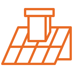 Orange outline roofing icon showing a house roof with chimney and roof tiles, vector symbol for roofing services