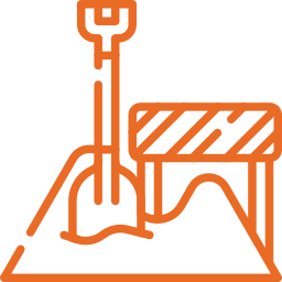 Roadwork icon with shovel in dirt pile and striped construction barrier, symbolizing excavation and site under construction.